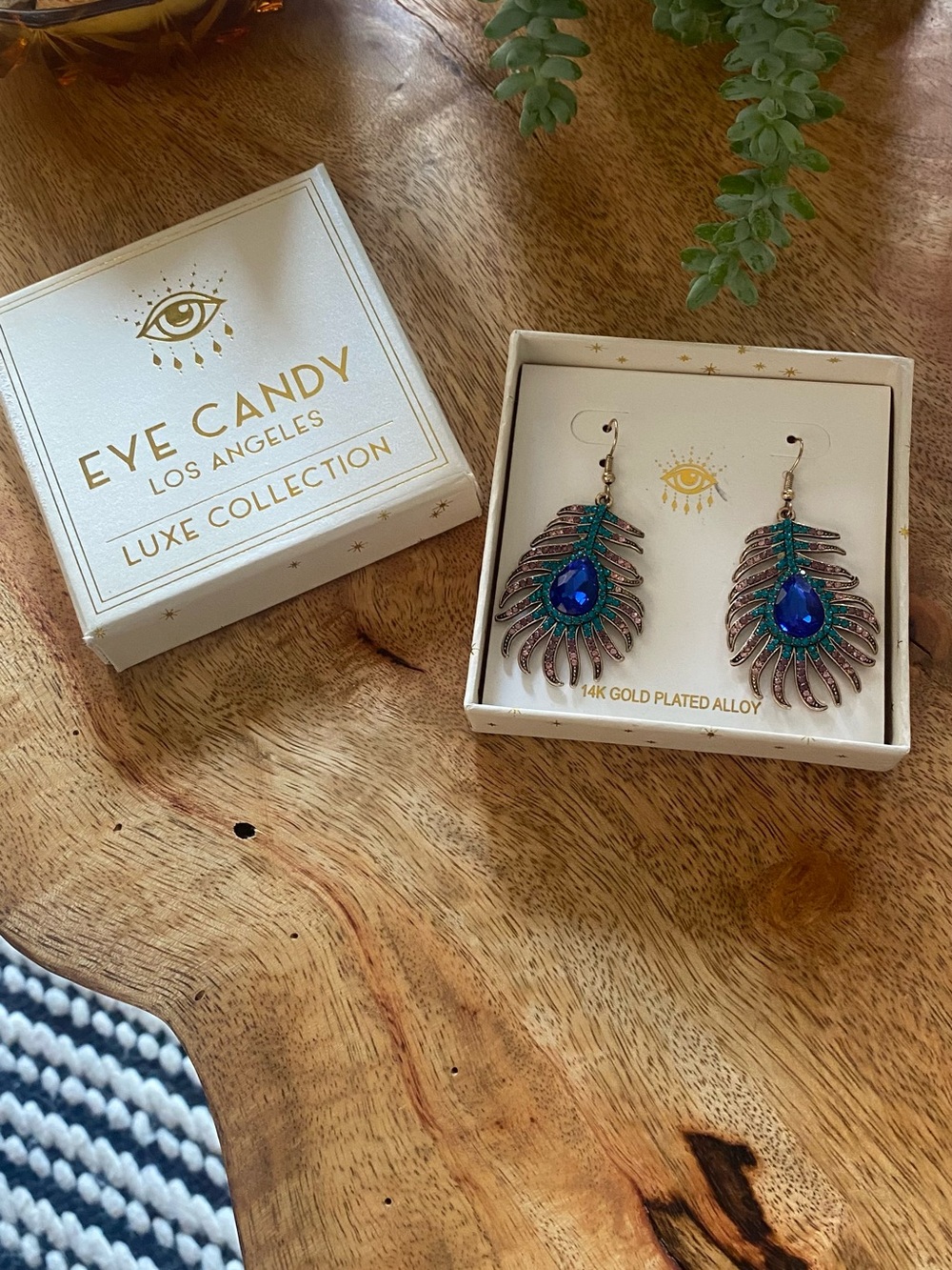 EYE CANDY Los Angeles Blue and Teal Peacock Feather Drop Earrings